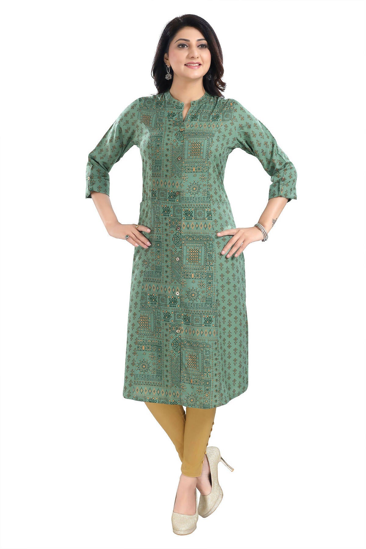 Snehal Creations Pleasing Pista Green Rayon Print Long Kurta For Women | Grocsy