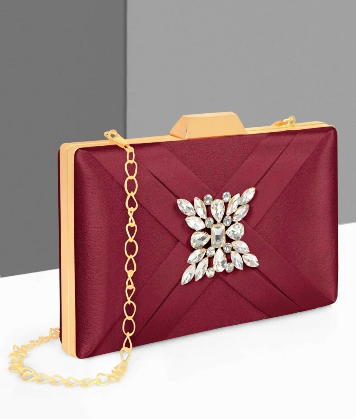 Joban Fashion Luxurious Satin Evening Clutch With Detachable Chain Strap - Maroon | Grocsy