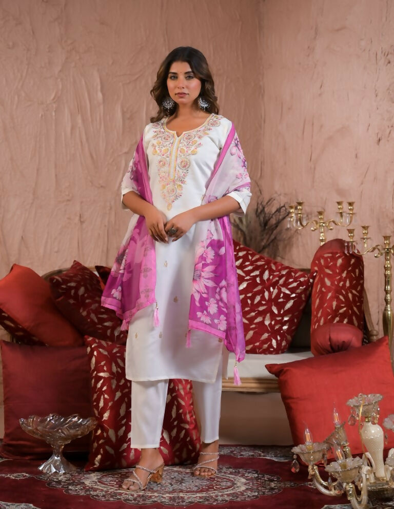 Ethnic Festive Wear Viscose Chanderi White Stitched Suit With Dupatta - Tanisha | Grocsy