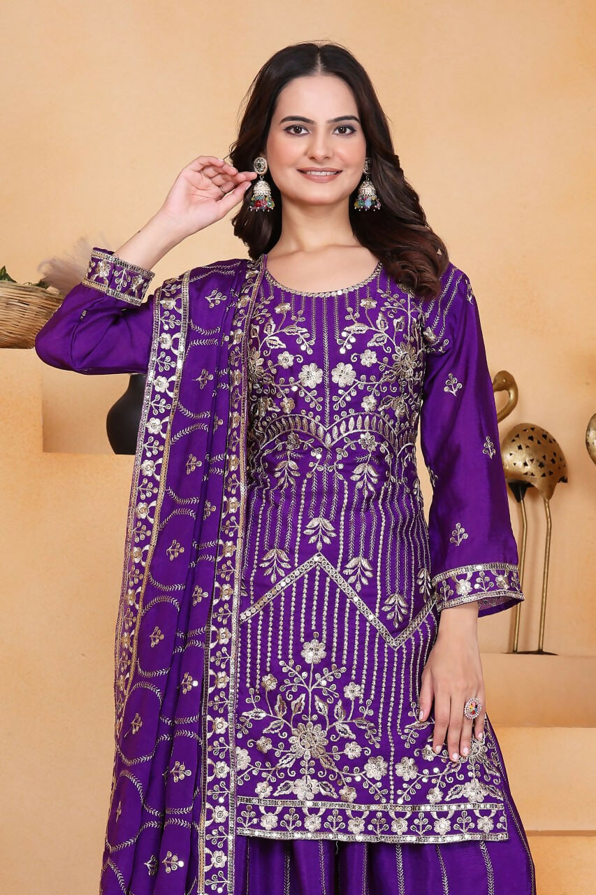 Joban Fashion Purple Silk Embroidered Sharara Set | Grocsy