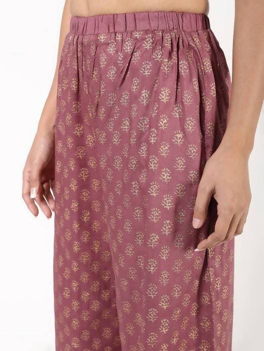 Aniyah Rayon Block Print Flared Pink Palazzo Dusty (AN-158K) | Grocsy