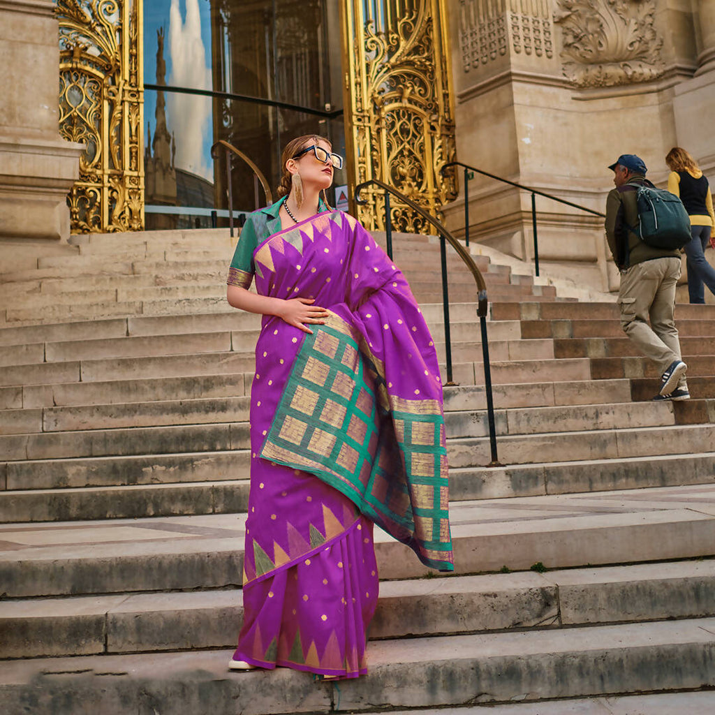 Mulberry Purple Handloom Khaddi Silk Saree With Contrast Pallu & Blouse - Rajtex Khwaab Silk | Grocsy