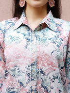 Blue & Pink Rayon Floral Printed Top with Matching Bottom - Eesha | Grocsy