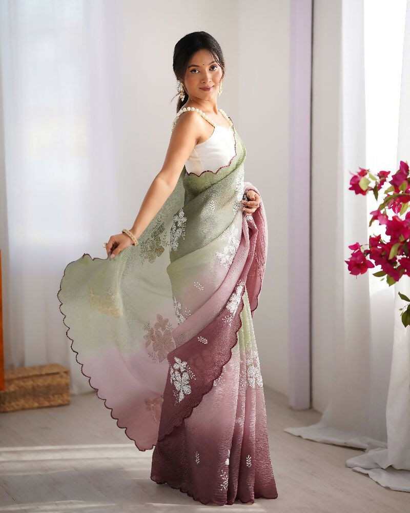 Pista and Wine Crunchy Crush Pedding Color Embroidery Work Party Wear Saree - Zuleika | Grocsy