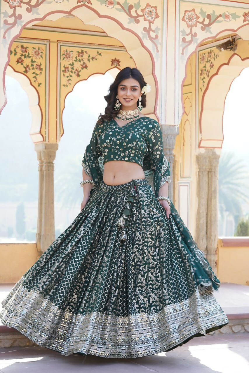 Lorenvalley Green Pure Viscose Jacquard With Embroidered Sequins work Lehenga Choli | Grocsy