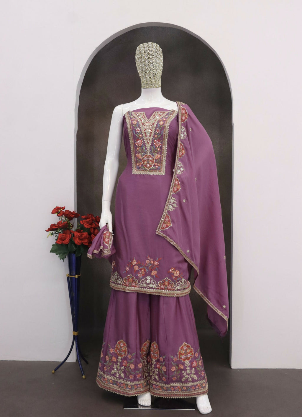 Anaita Purple Chinon Stitched Suit with Embroidery Sequence Work | Grocsy