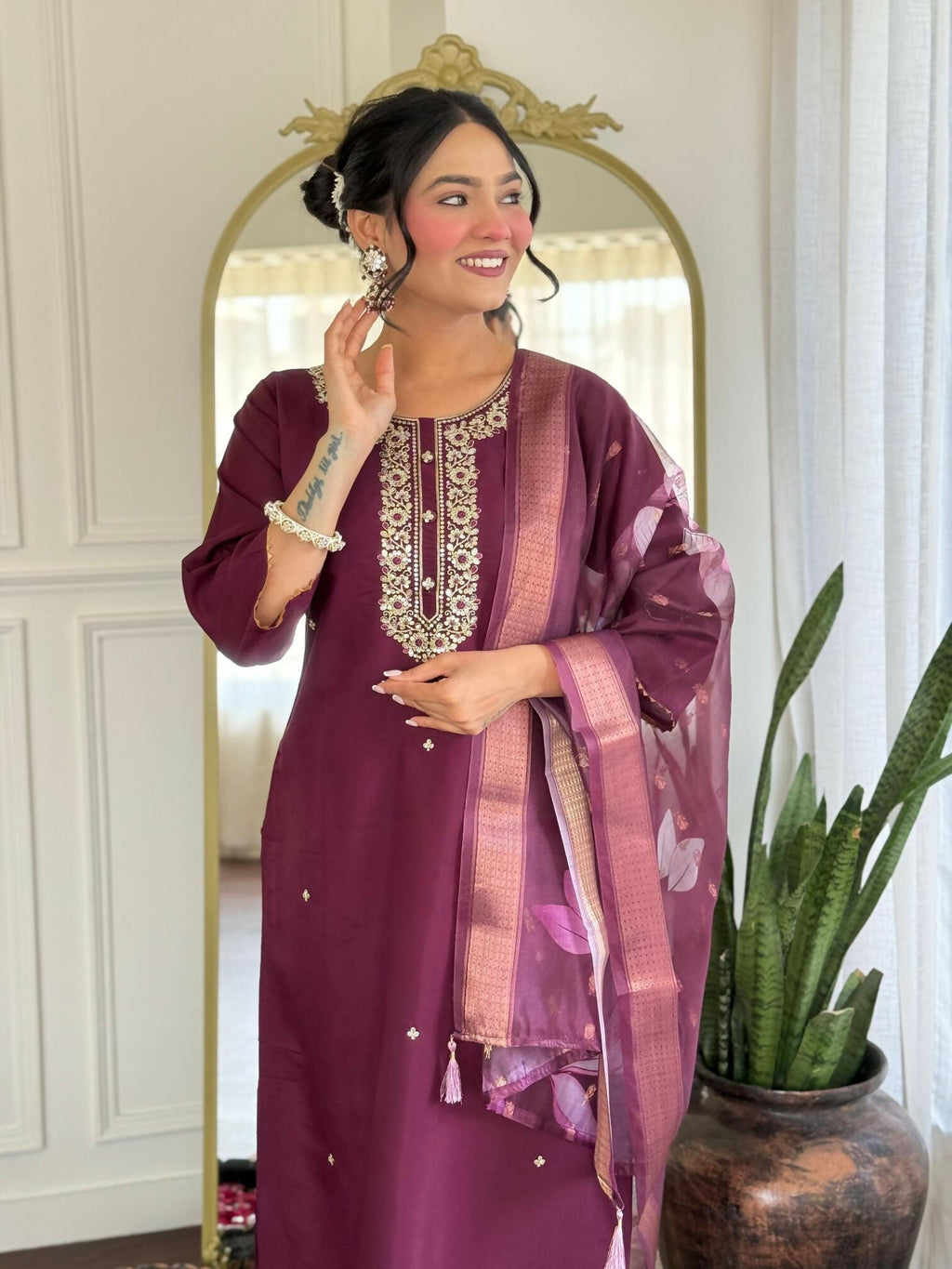 The52 Wine Women's Gorgeous Rayon Fabric Embroidered Work Straight Kurta Pant and Dupatta Set | Grocsy