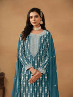 Anaita Teal Embroidered Faux Georgette Salwar Suit | Grocsy