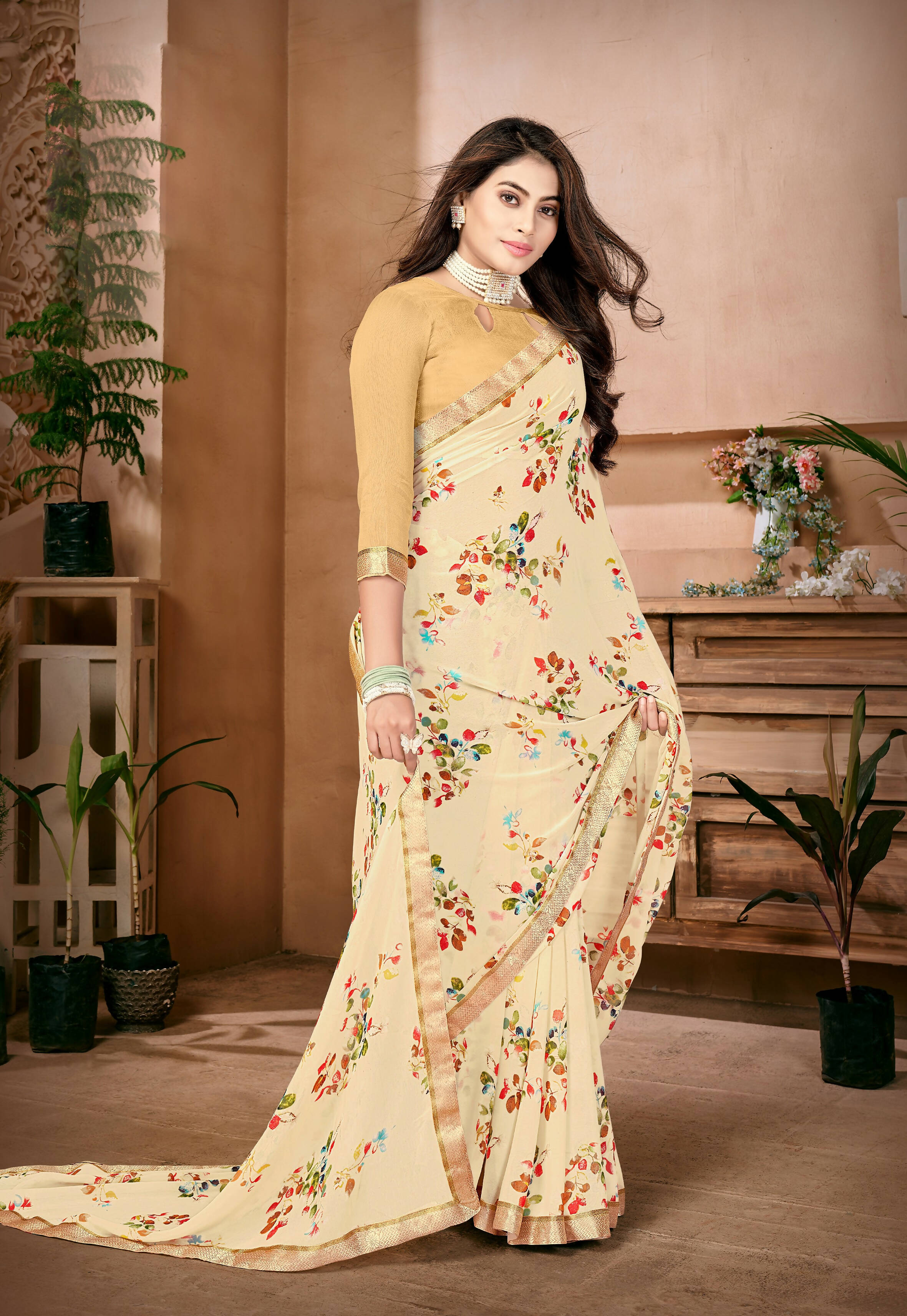 Cream Georgette Floral Printed Saree With Unstitched Blouse Piece - Jyoti | Grocsy