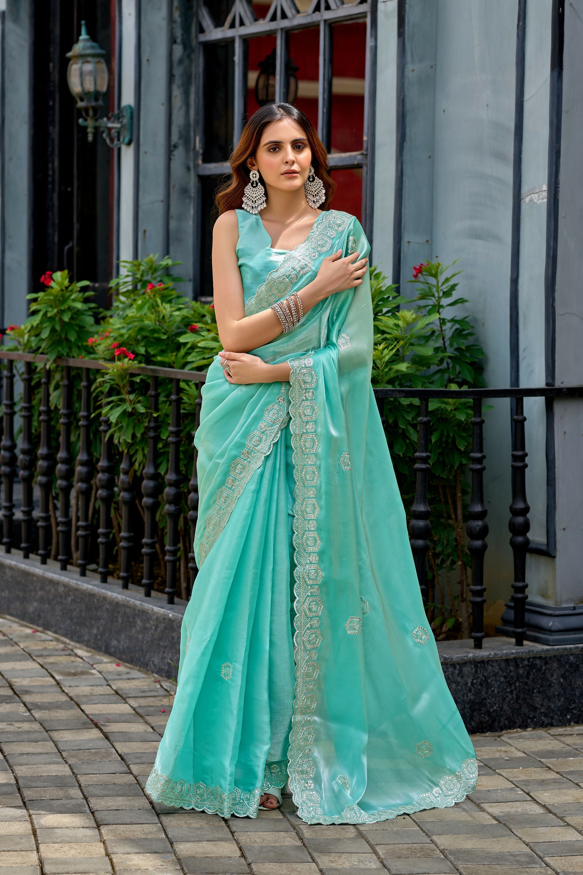 Vastranavya Turquoise Embroidery Work Shimmer Chiffon Saree with Unstitched Blouse | Grocsy