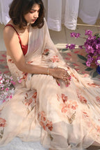 Exclusive Collection Beautiful Light Cream Pure Cotton Hand Print Handloom Saree With Running Blouse Piece | Grocsy