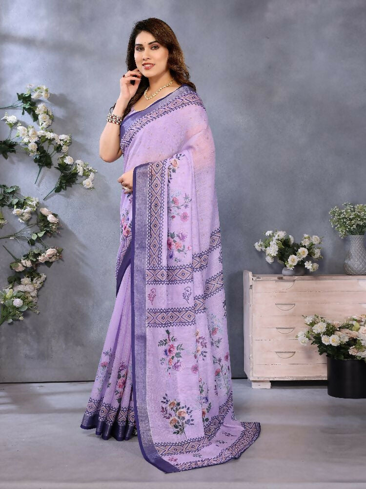PR Fashion Purple Handloom Linen Cotton Saree | Grocsy