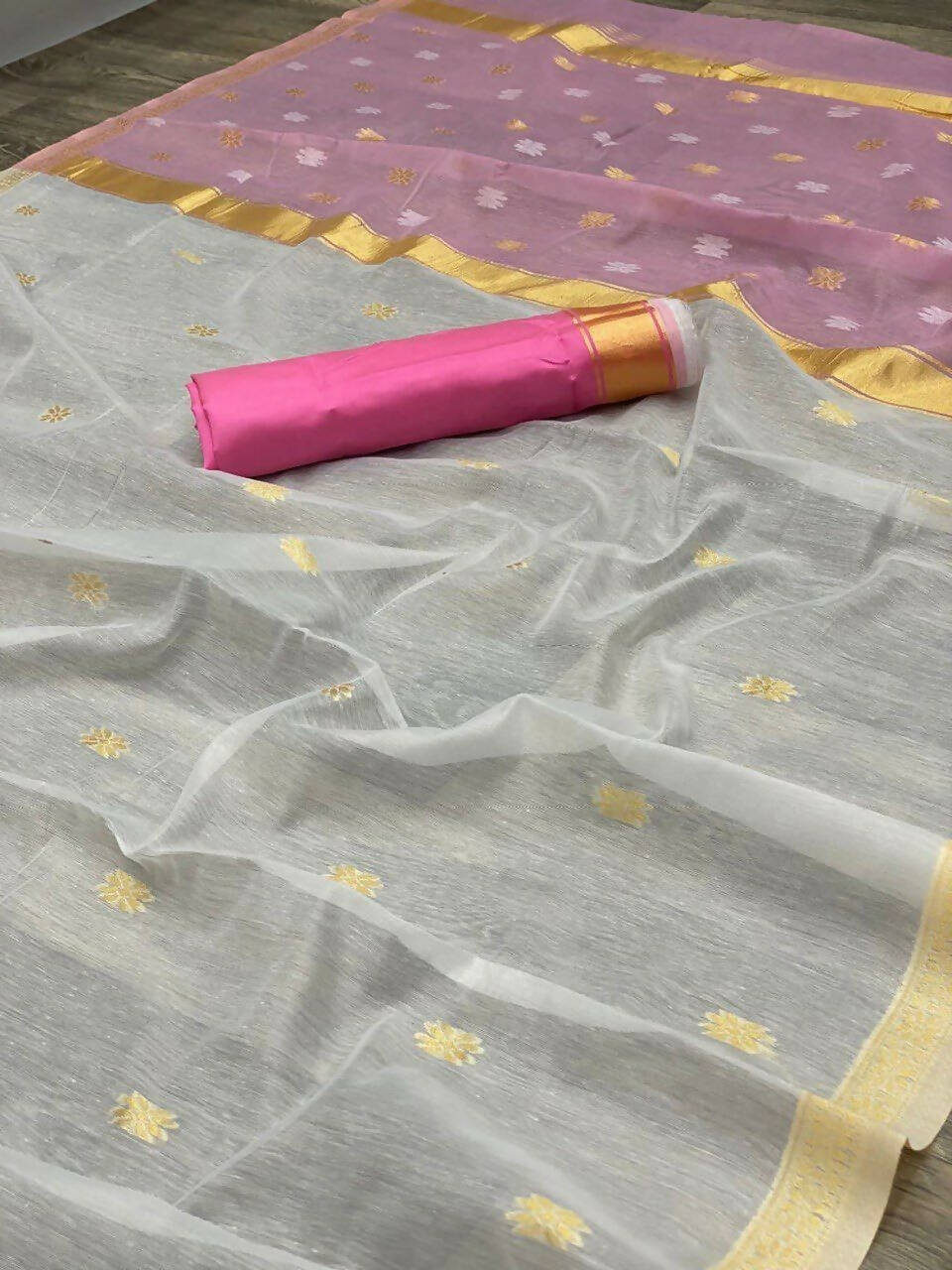 DEIANA'S Beautiful Designer Golden zari Soft Cotton Saree - White | Grocsy