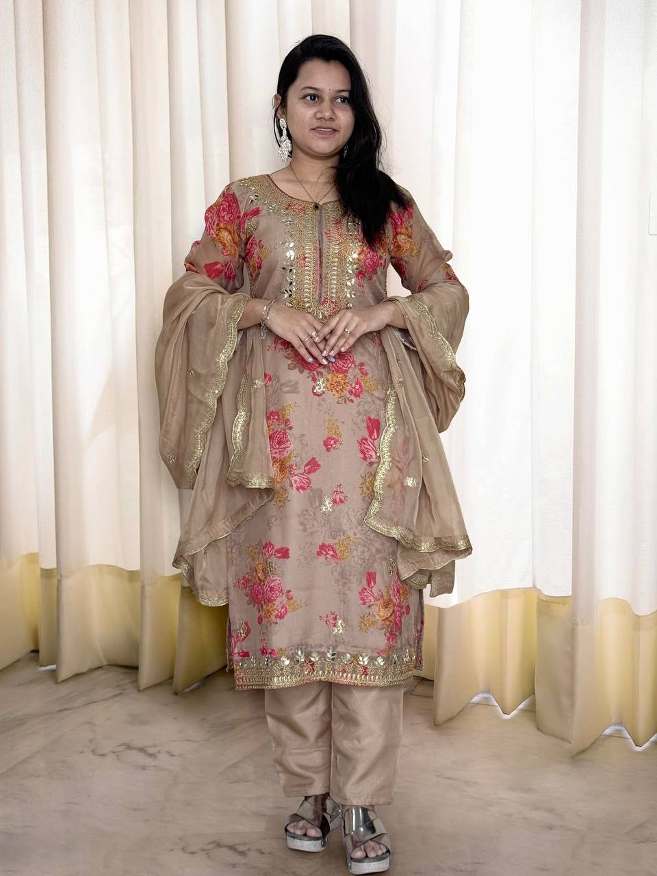 Prazu Fashion Beige Organza Embroidery Coding Sequin Salwar Suit | Grocsy