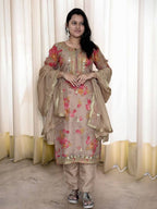 Prazu Fashion Beige Organza Embroidery Coding Sequin Salwar Suit | Grocsy