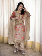 Prazu Fashion Beige Organza Embroidery Coding Sequin Salwar Suit | Grocsy