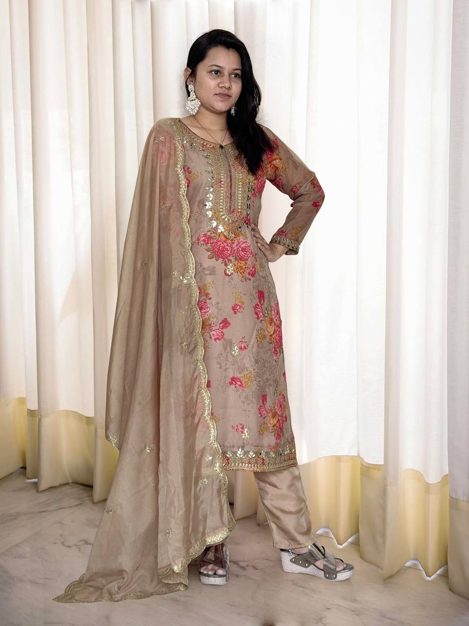 Prazu Fashion Beige Organza Embroidery Coding Sequin Salwar Suit | Grocsy