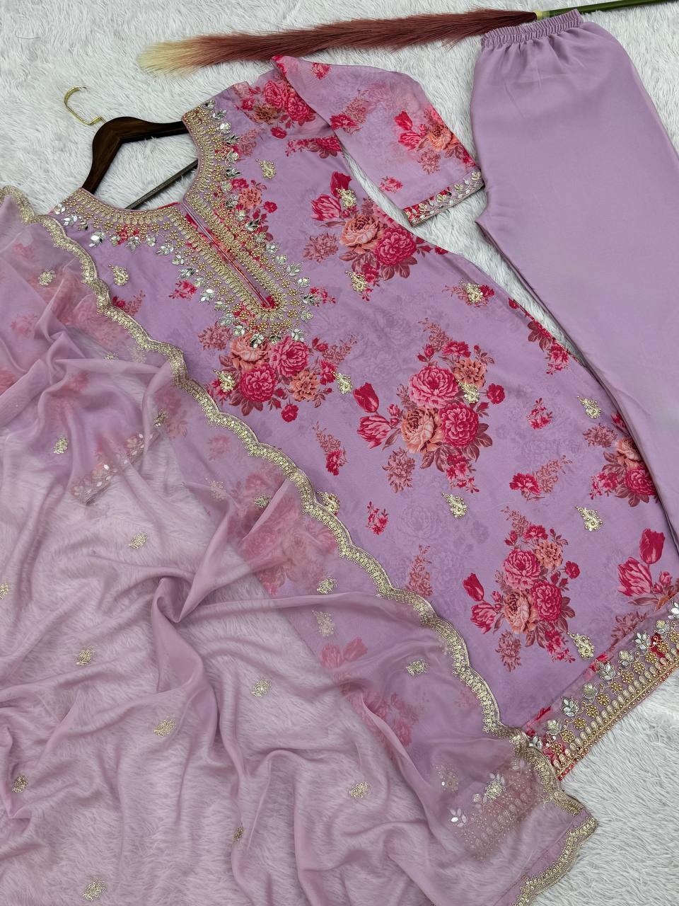Prazu Fashion Lavender Organza Embroidery Coding Sequin Salwar Suit | Grocsy