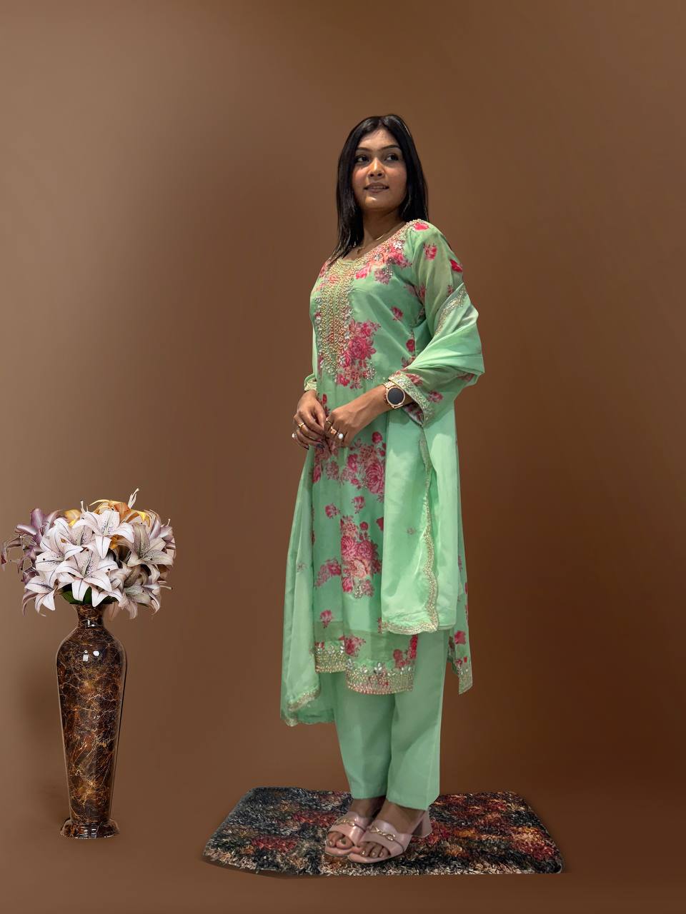 Prazu Fashion Light Green Organza Embroidery Coding Sequin Salwar Suit | Grocsy
