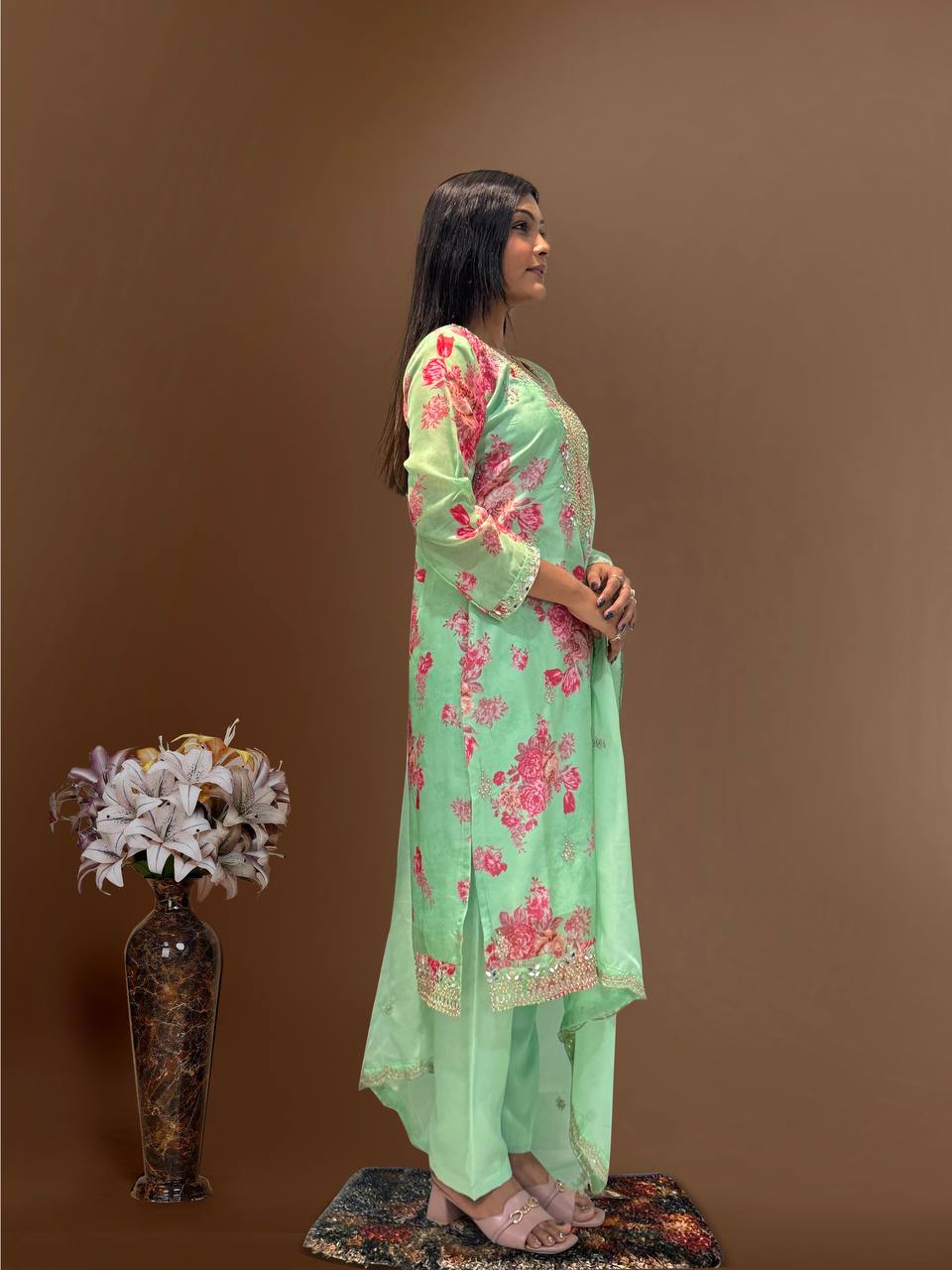 Prazu Fashion Light Green Organza Embroidery Coding Sequin Salwar Suit | Grocsy