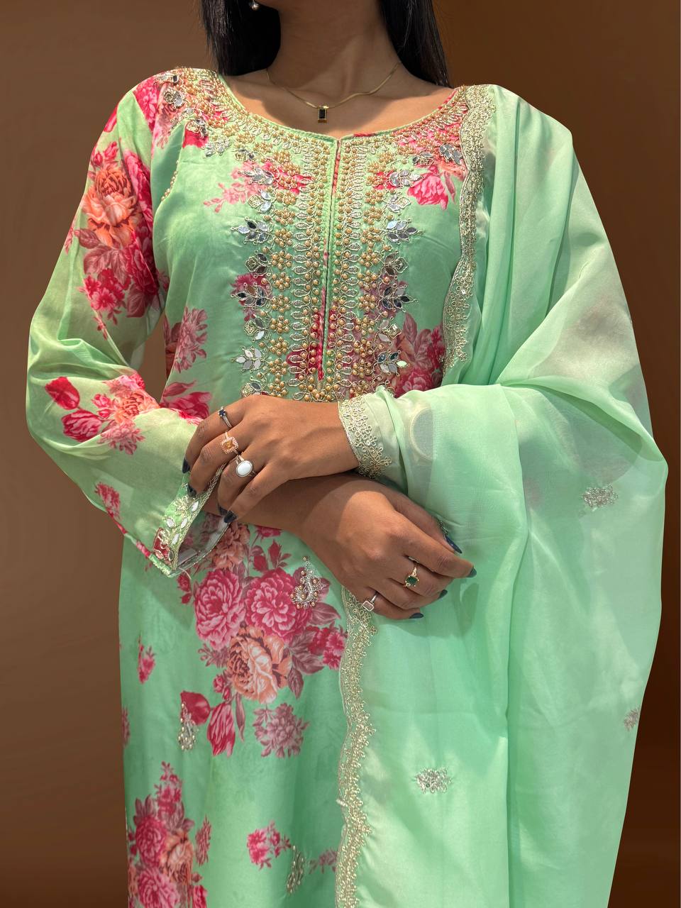 Prazu Fashion Light Green Organza Embroidery Coding Sequin Salwar Suit | Grocsy