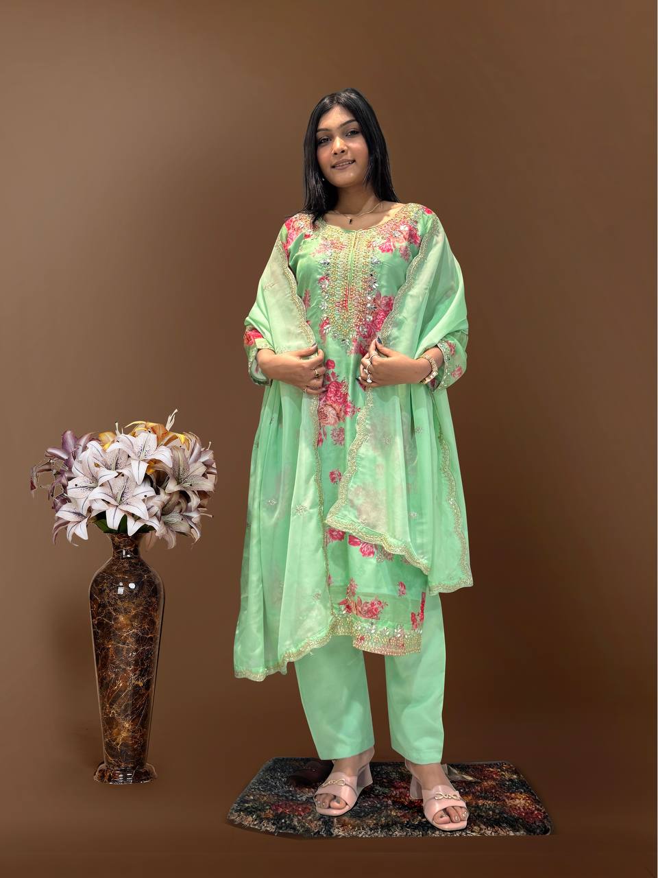 Prazu Fashion Light Green Organza Embroidery Coding Sequin Salwar Suit | Grocsy