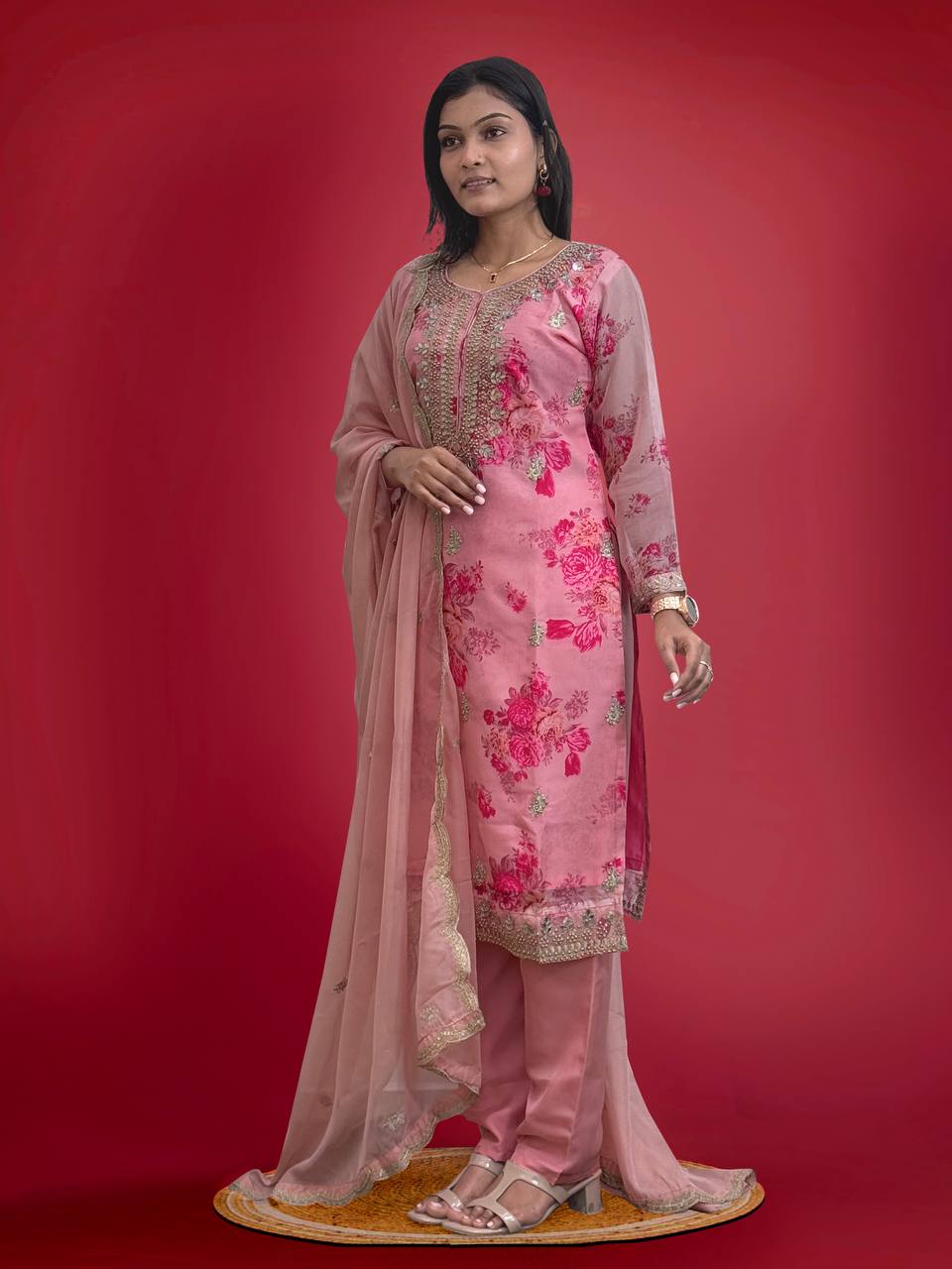 Prazu Fashion Peach Organza Embroidery Coding Sequin Salwar Suit | Grocsy