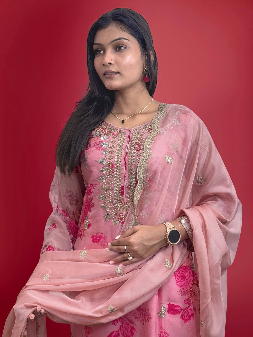 Prazu Fashion Peach Organza Embroidery Coding Sequin Salwar Suit | Grocsy