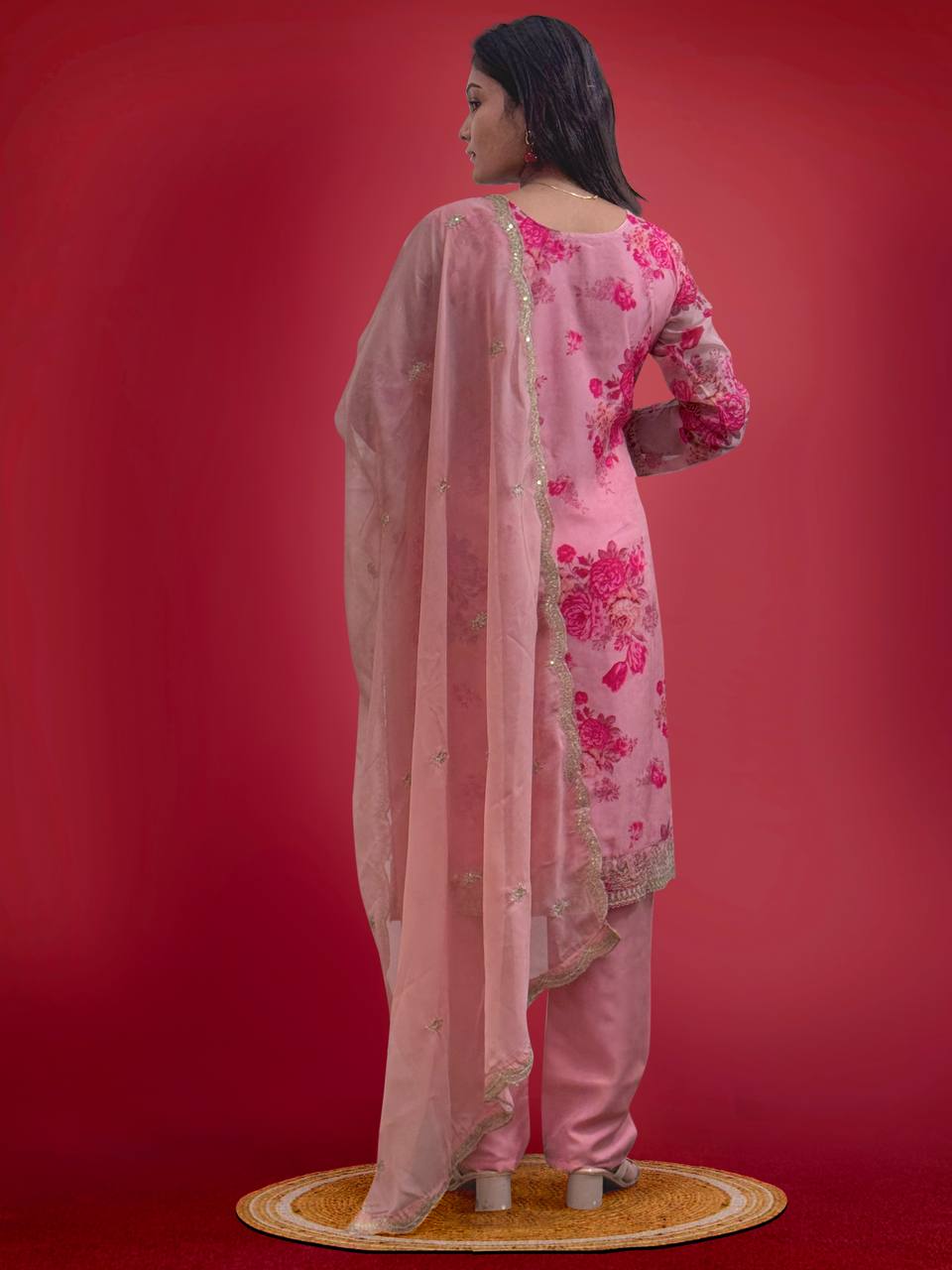Prazu Fashion Peach Organza Embroidery Coding Sequin Salwar Suit | Grocsy
