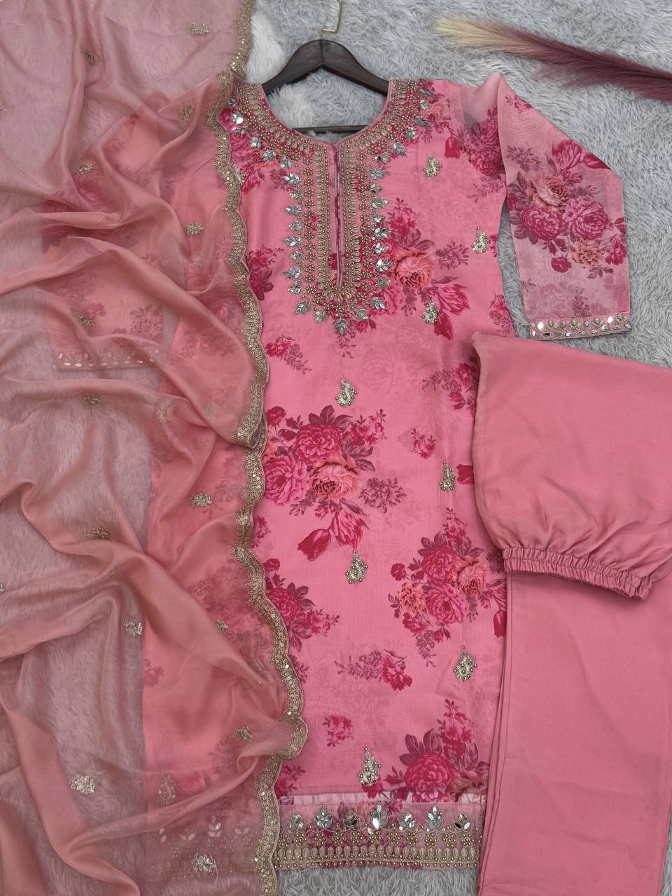 Prazu Fashion Peach Organza Embroidery Coding Sequin Salwar Suit | Grocsy