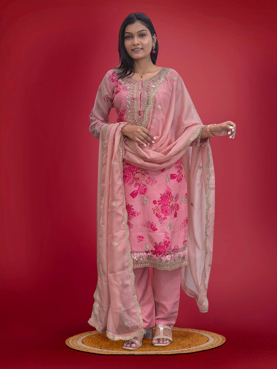 Prazu Fashion Peach Organza Embroidery Coding Sequin Salwar Suit | Grocsy