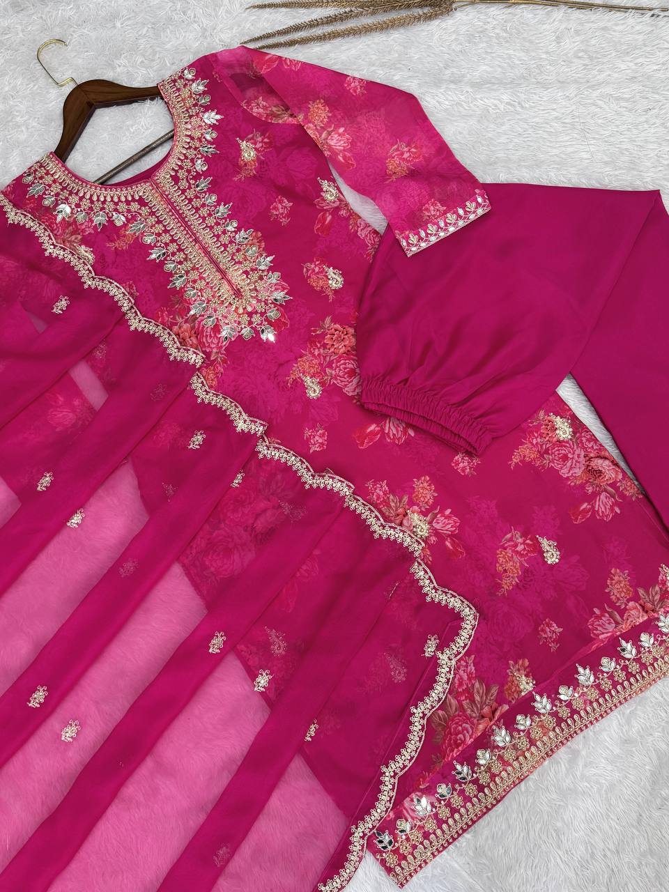 Prazu Fashion Pink Organza Embroidery Coding Sequin Salwar Suit | Grocsy