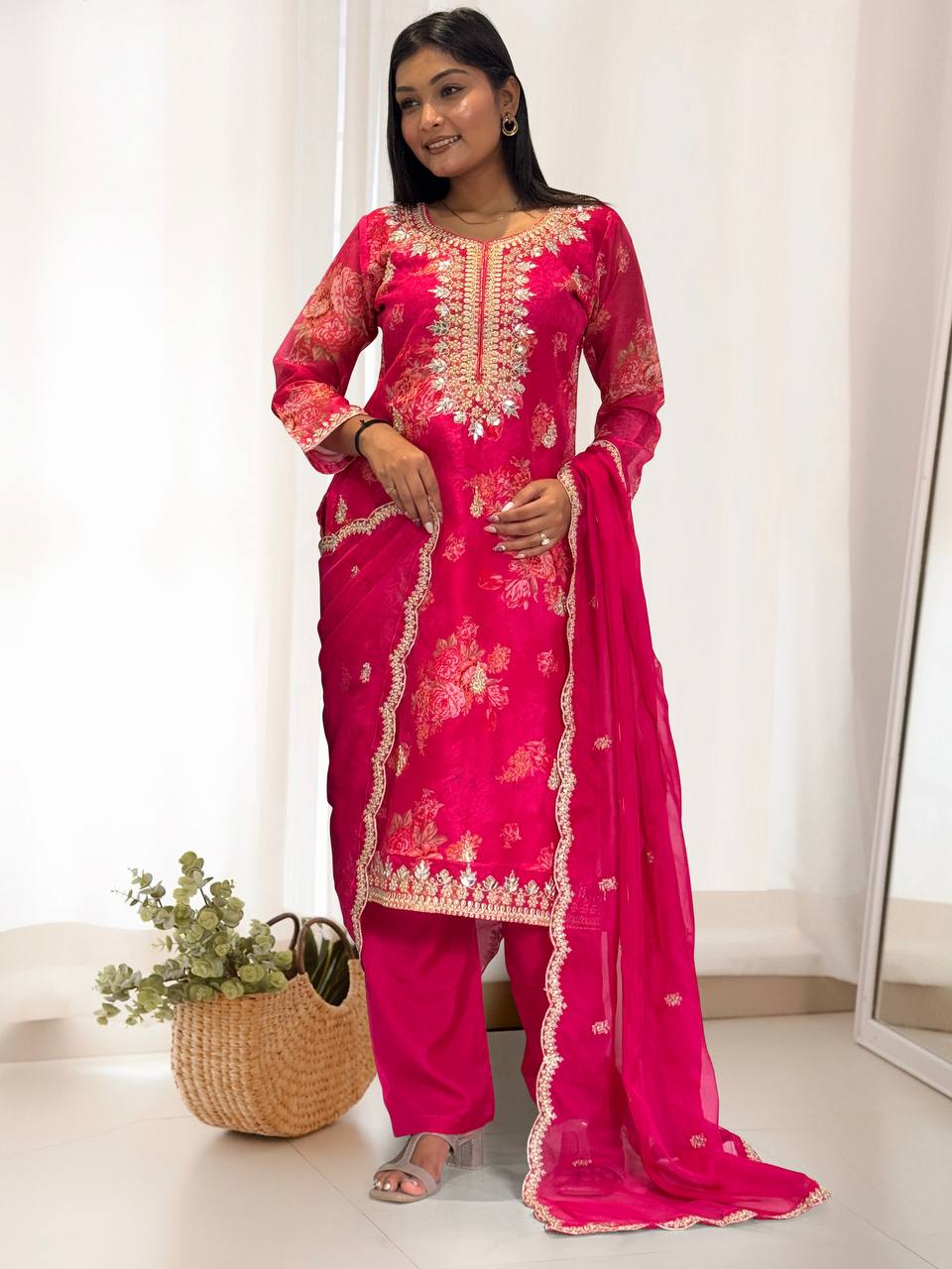 Prazu Fashion Pink Organza Embroidery Coding Sequin Salwar Suit | Grocsy