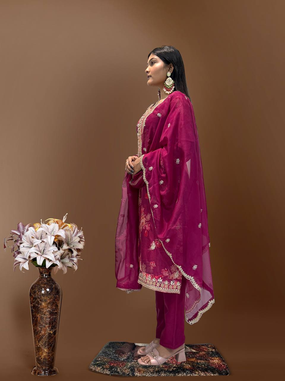 Prazu Fashion Rani Pink Organza Embroidery Coding Sequin Salwar Suit | Grocsy