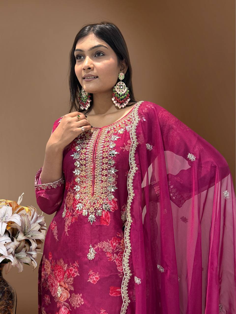 Prazu Fashion Rani Pink Organza Embroidery Coding Sequin Salwar Suit | Grocsy