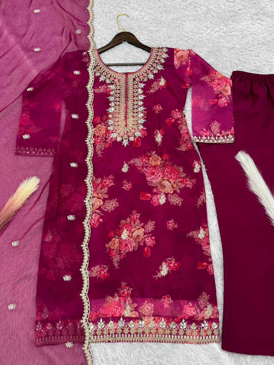 Prazu Fashion Rani Pink Organza Embroidery Coding Sequin Salwar Suit | Grocsy