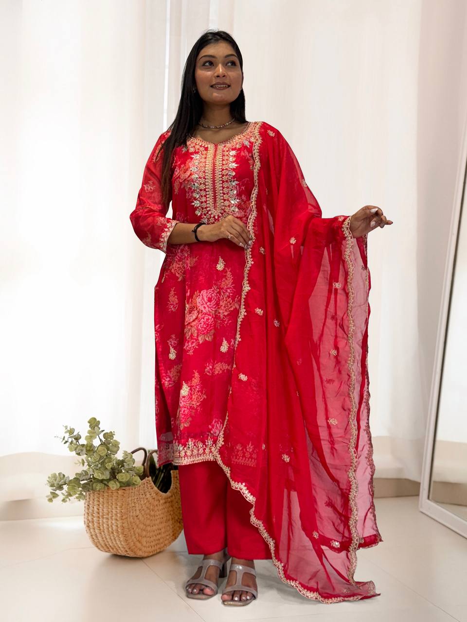 Prazu Fashion Red Organza Embroidery Coding Sequin Salwar Suit | Grocsy