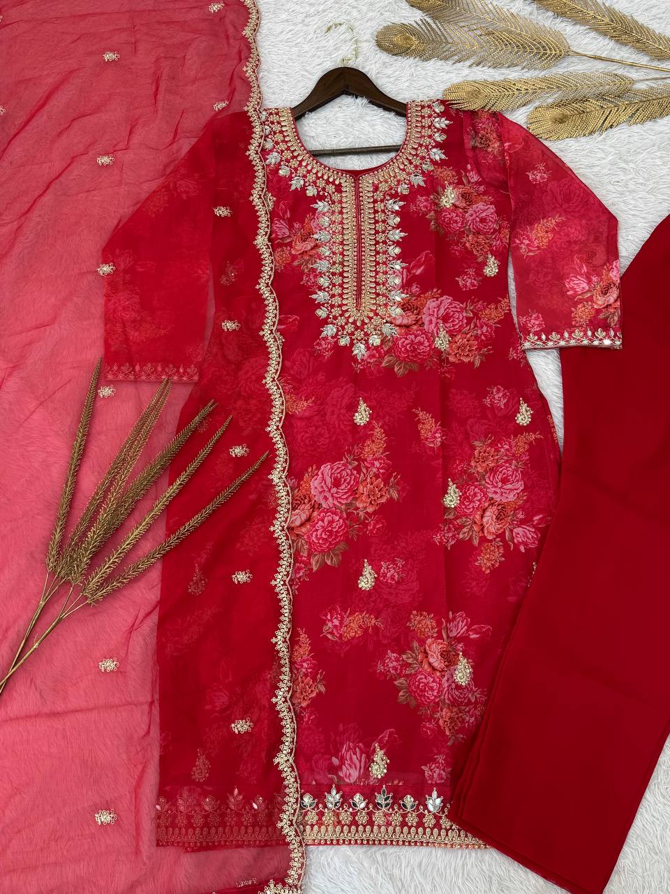 Prazu Fashion Red Organza Embroidery Coding Sequin Salwar Suit | Grocsy