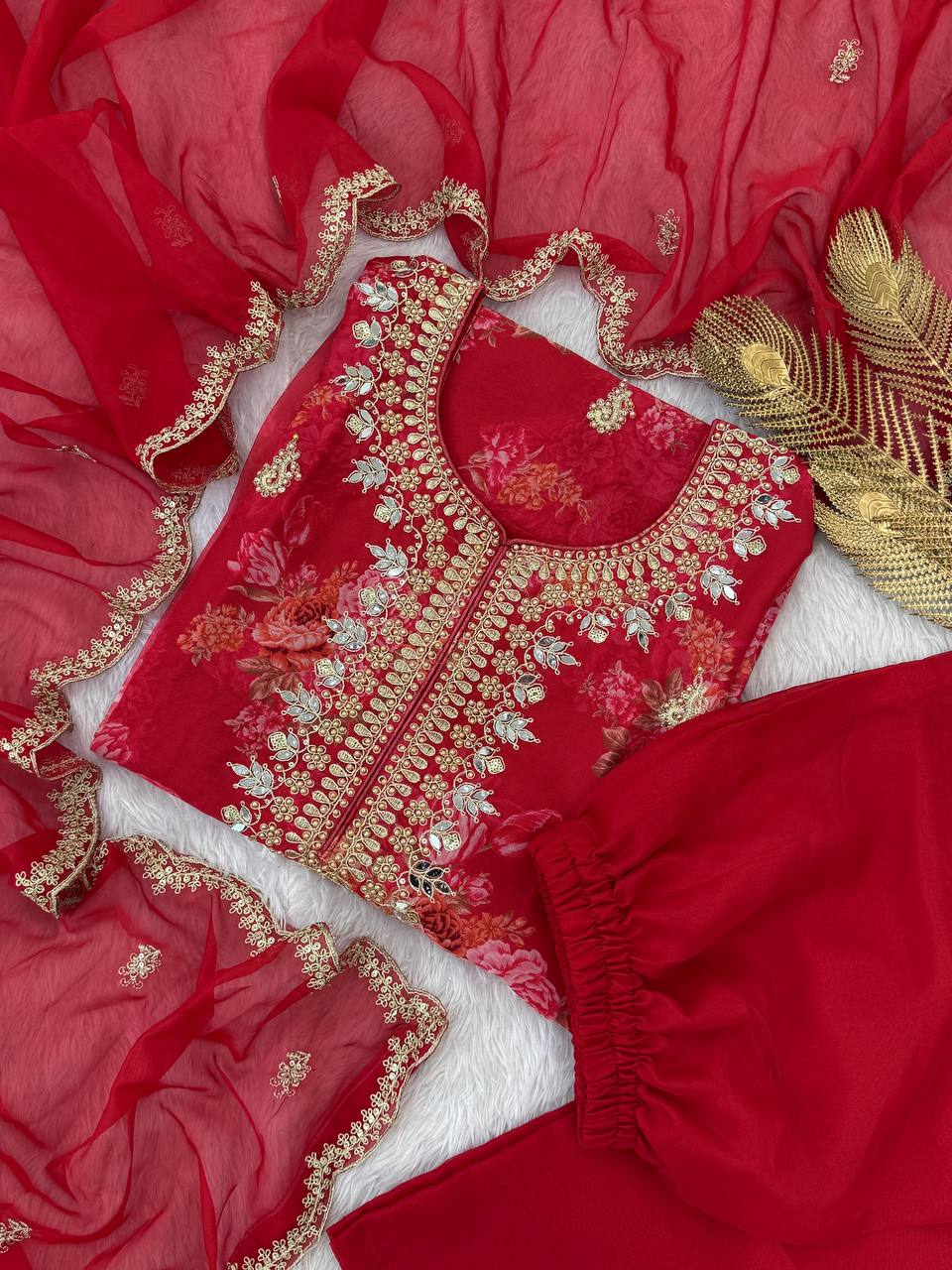 Prazu Fashion Red Organza Embroidery Coding Sequin Salwar Suit | Grocsy