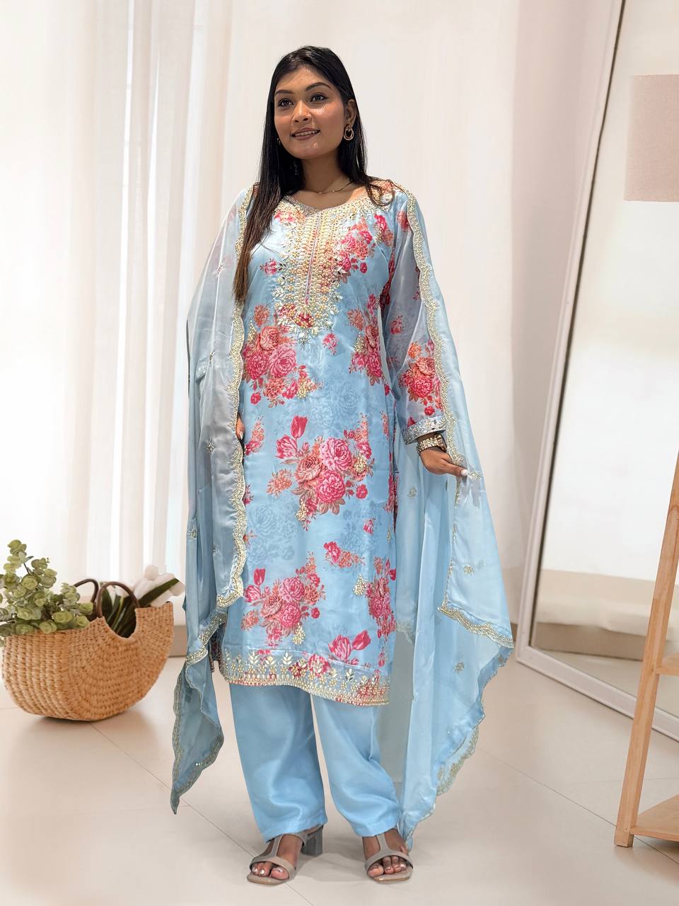 Prazu Fashion Sky Blue Organza Embroidery Coding Sequin Salwar Suit | Grocsy