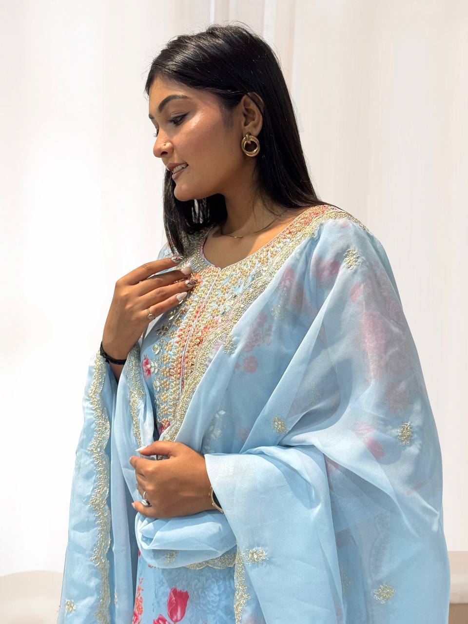 Prazu Fashion Sky Blue Organza Embroidery Coding Sequin Salwar Suit | Grocsy