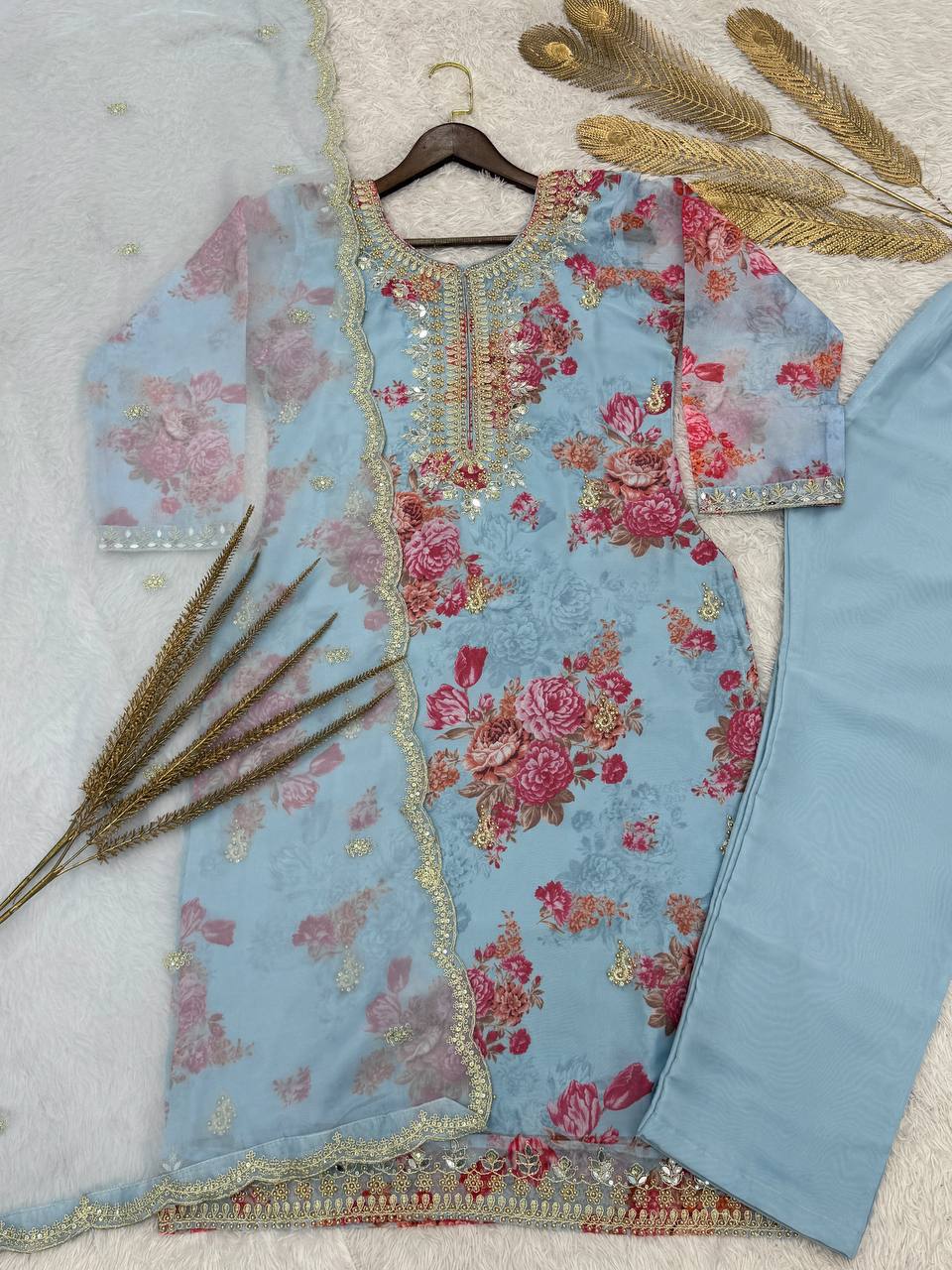 Prazu Fashion Sky Blue Organza Embroidery Coding Sequin Salwar Suit | Grocsy