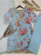 Prazu Fashion Sky Blue Organza Embroidery Coding Sequin Salwar Suit | Grocsy