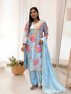 Prazu Fashion Sky Blue Organza Embroidery Coding Sequin Salwar Suit | Grocsy