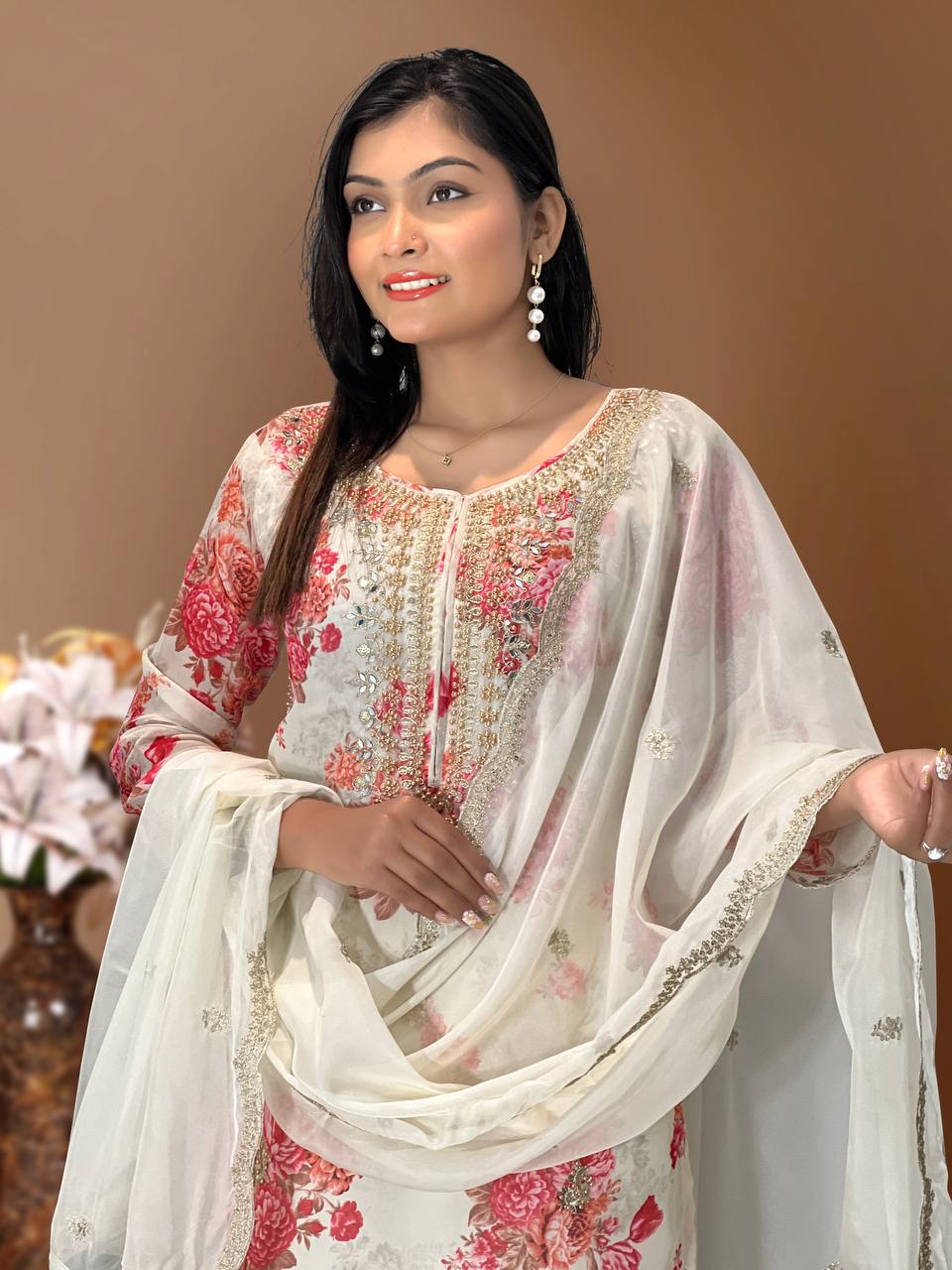 Prazu Fashion White Organza Embroidery Coding Sequin Salwar Suit | Grocsy