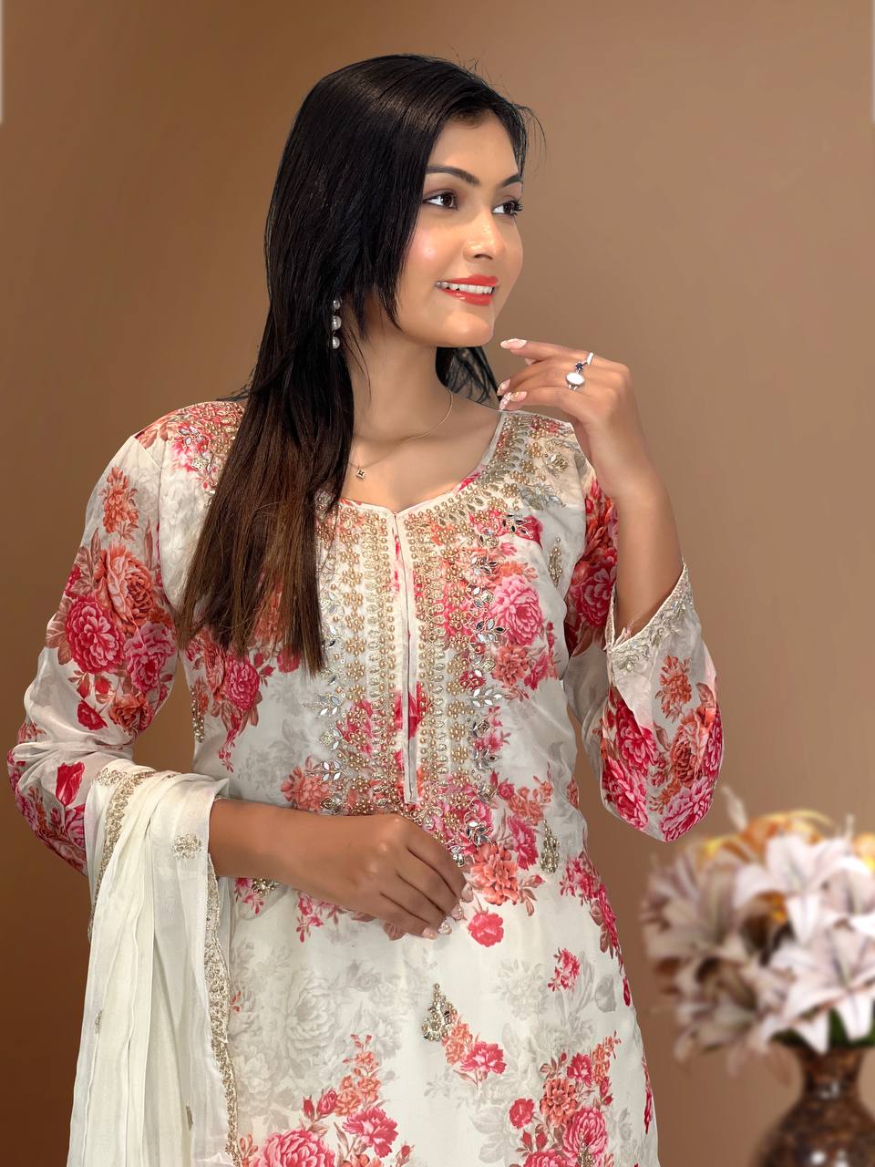 Prazu Fashion White Organza Embroidery Coding Sequin Salwar Suit | Grocsy