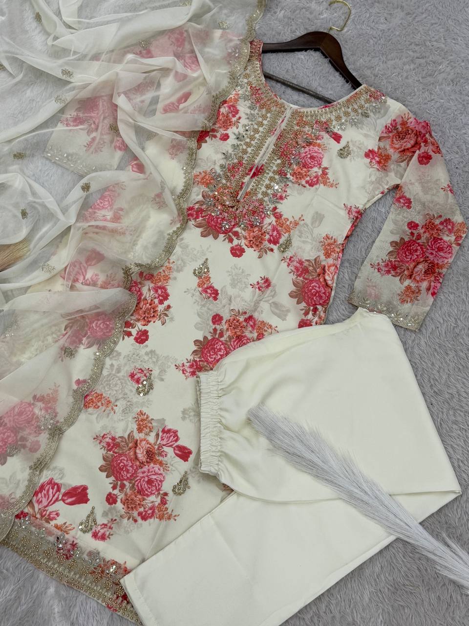 Prazu Fashion White Organza Embroidery Coding Sequin Salwar Suit | Grocsy