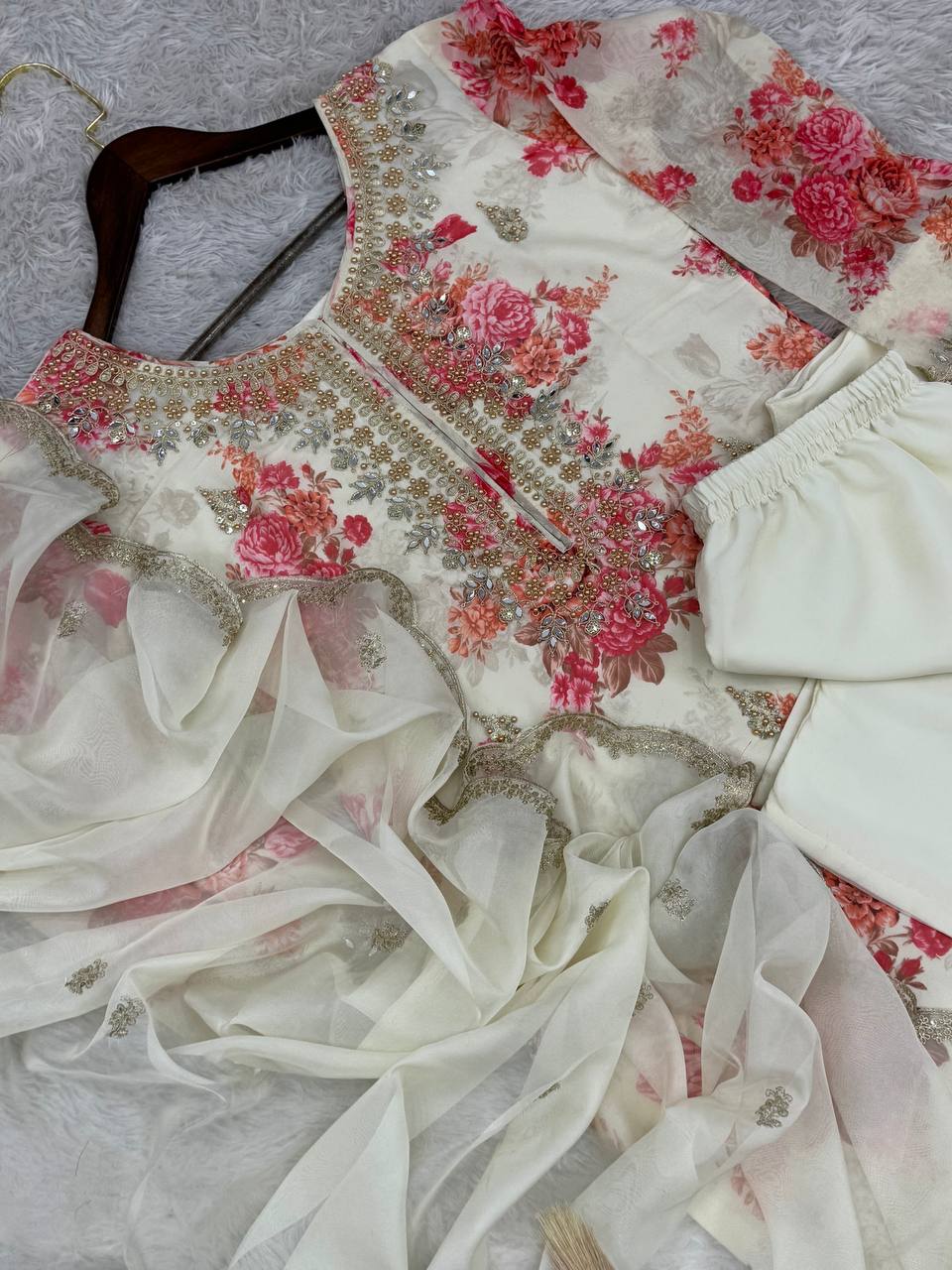Prazu Fashion White Organza Embroidery Coding Sequin Salwar Suit | Grocsy