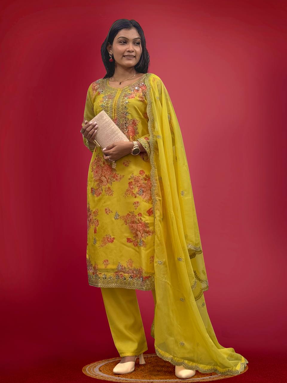 Prazu Fashion Yellow Organza Embroidery Coding Sequin Salwar Suit | Grocsy