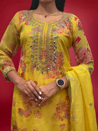 Prazu Fashion Yellow Organza Embroidery Coding Sequin Salwar Suit | Grocsy